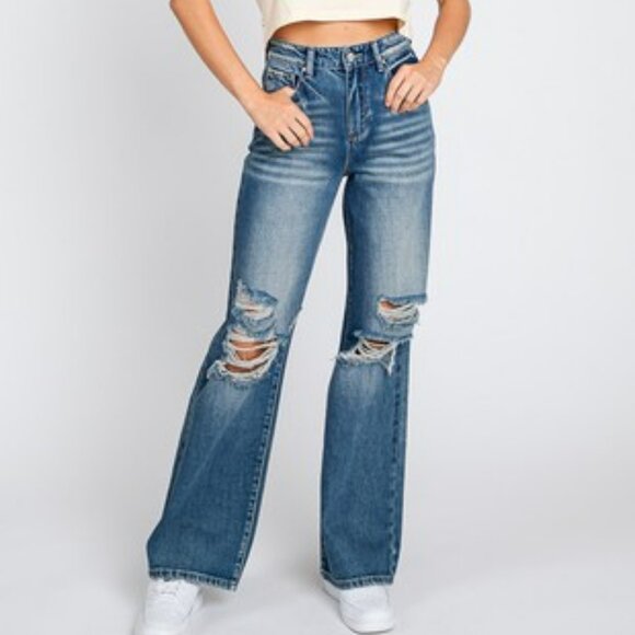 DISTRESSED HIGH RISE RIGID VINTAGE FLARE JEANS - Picture 1 of 1